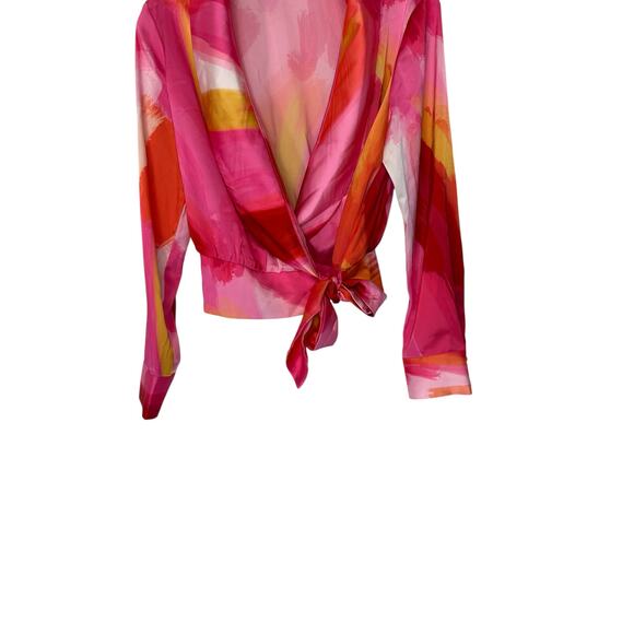 Hutch Nyla Blouse Pink Watercolor Satin Long Sleeve Tie Front V-Neck‎ Size XS - Picture 5 of 13